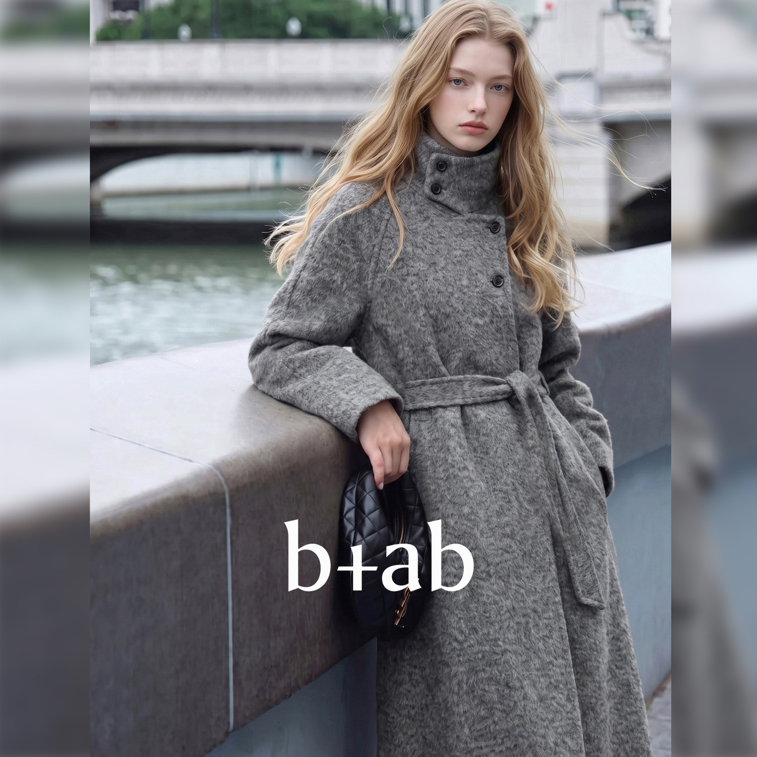it b+ab 2026冬季新款毛呢大衣女长款斜扣立领系带收腰气质外套
