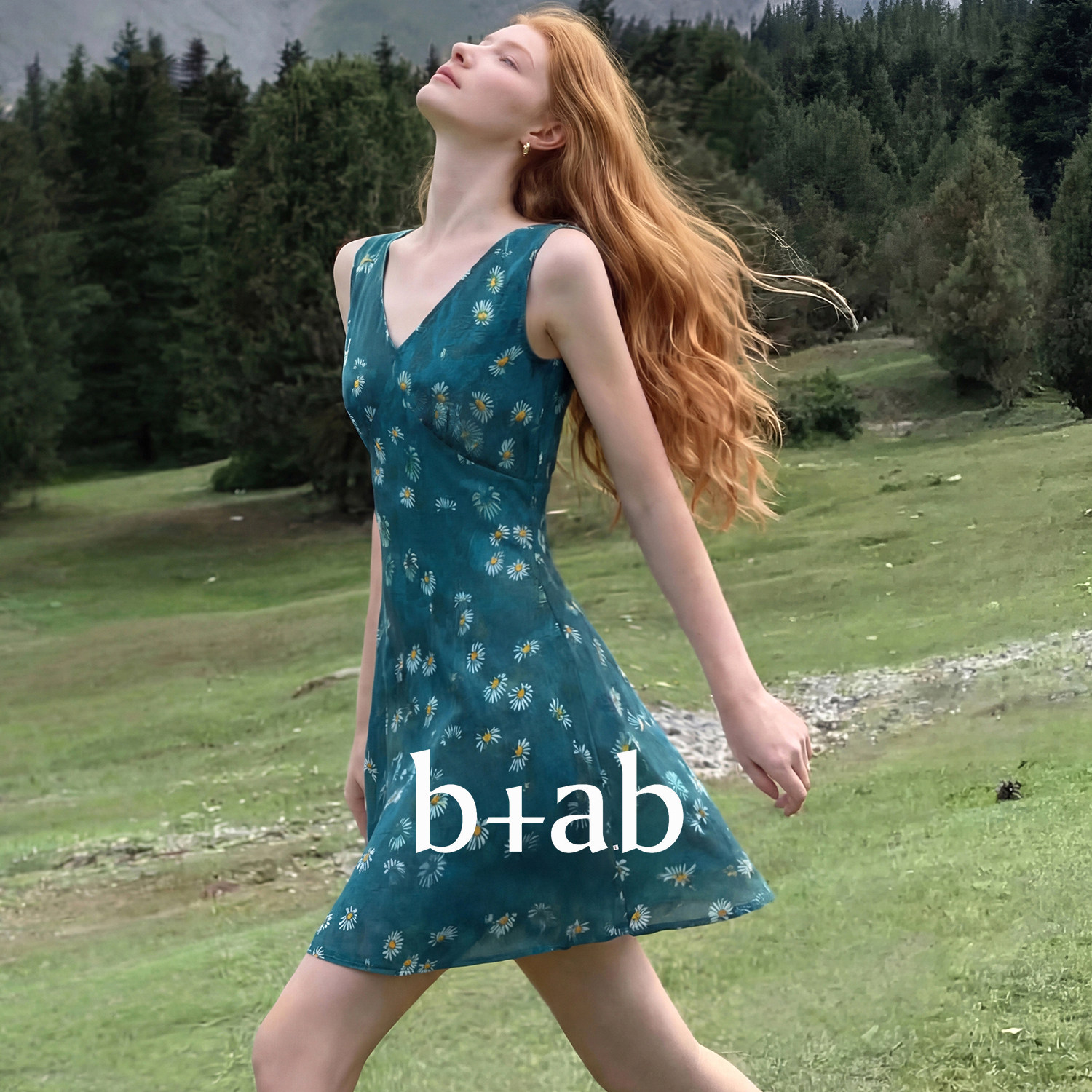 it b+ab无袖连衣裙女韩系清新V领碎花夏季收腰显瘦A字气质款短裙