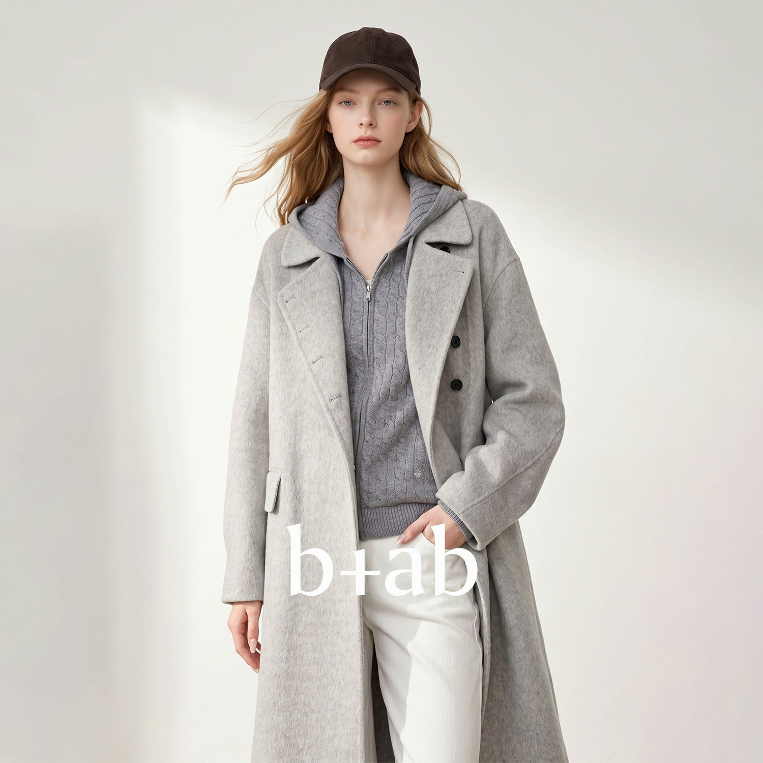 it b+ab 2026冬季新款毛呢外套长款双排扣翻领宽松女款外穿上衣款
