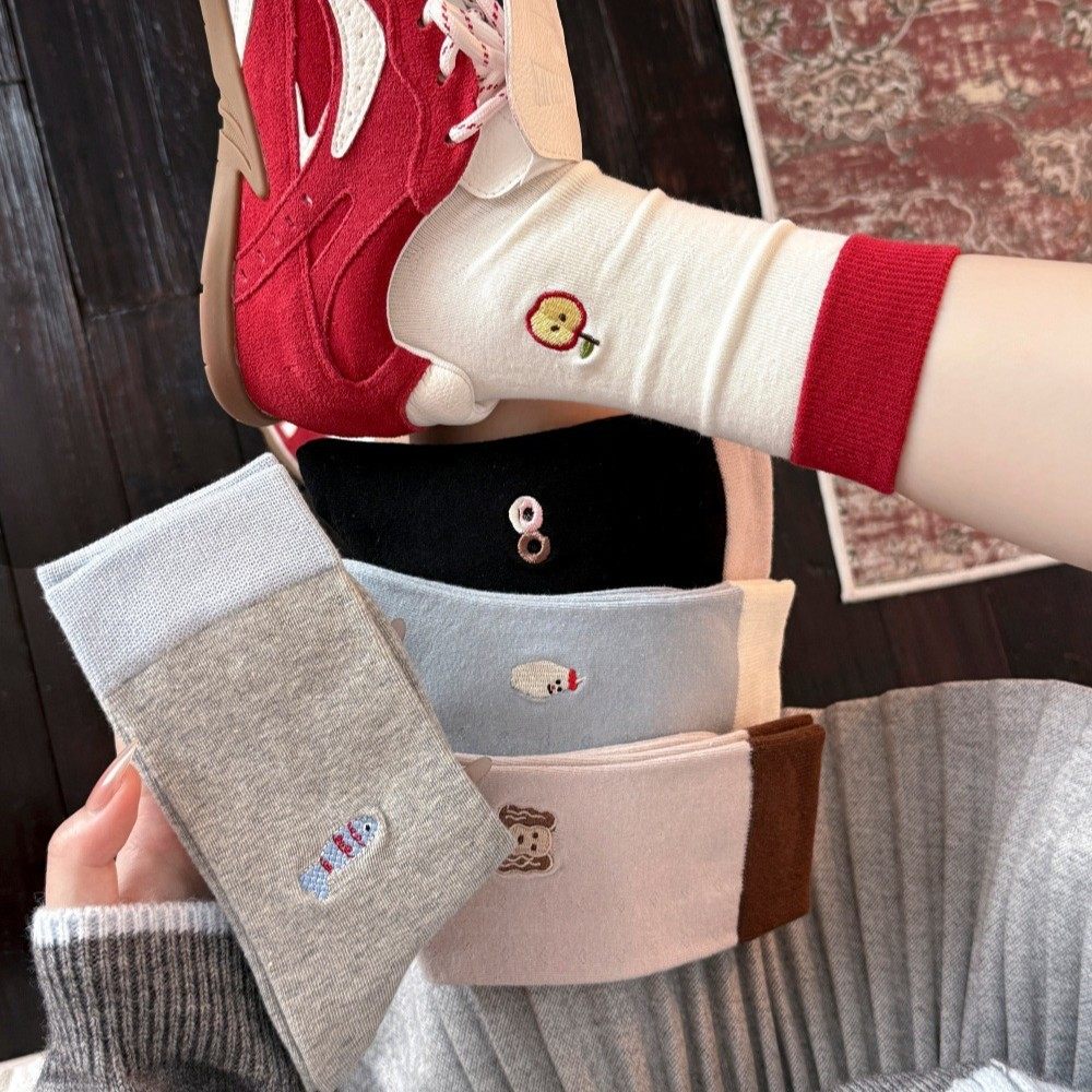 撞色卡通刺绣袜子女中筒袜可爱小动物日系拼色ins潮个性无骨棉袜,女士内衣/男士内衣/家居服,中筒袜,淘宝优惠券,粉丝福利购,淘宝优惠卷