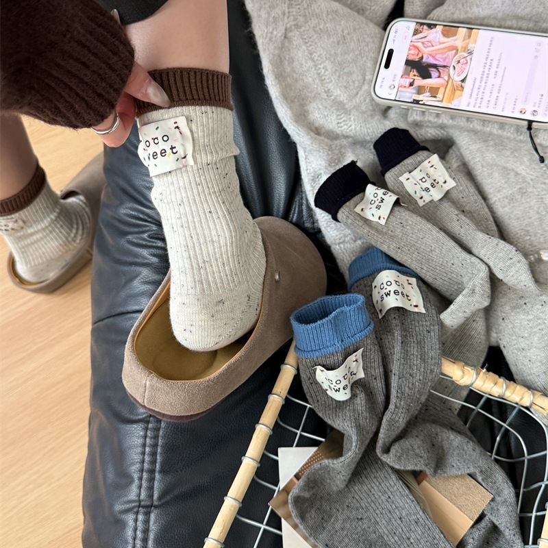布标中筒袜拼色袜子女点子纱