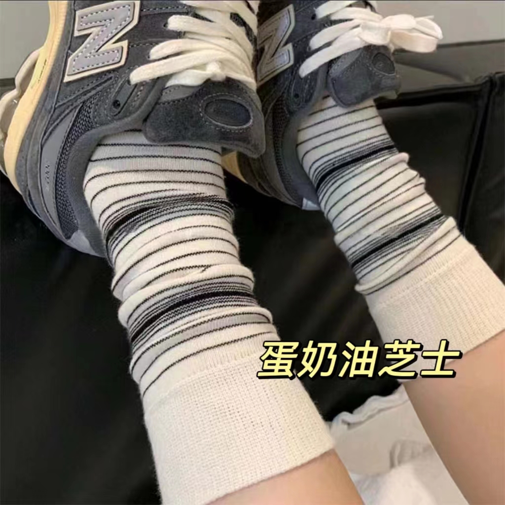 早秋细条纹袜子女韩版中筒网红街