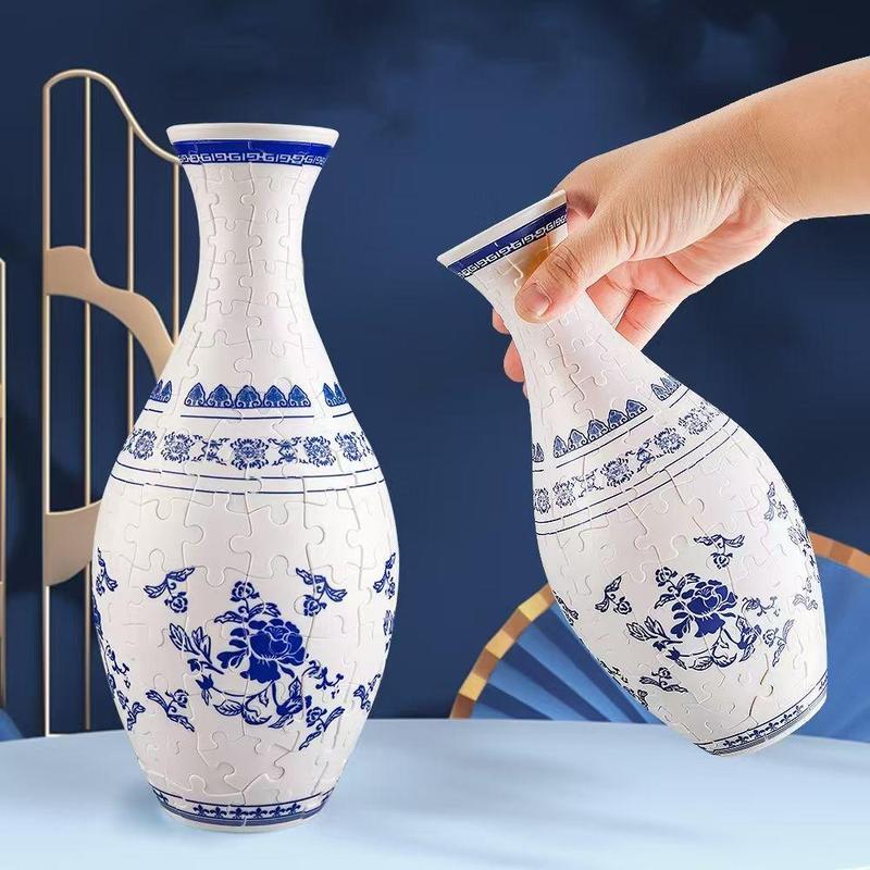 拼图花瓶3D仿古青花玲珑瓶子新中式客厅家居插花博古架装饰摆件