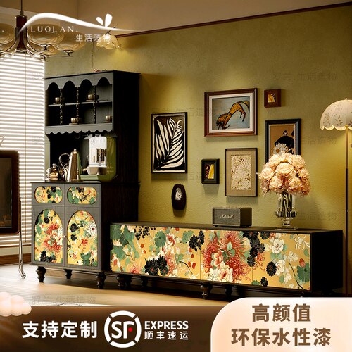 法式复古风艺术实木电视柜客厅组合收纳置物柜房间一体储物装饰柜