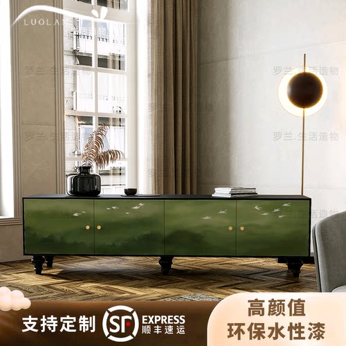 法式中古绿色飞燕实木电视柜客厅进门储物柜书房卧室靠墙收纳立柜