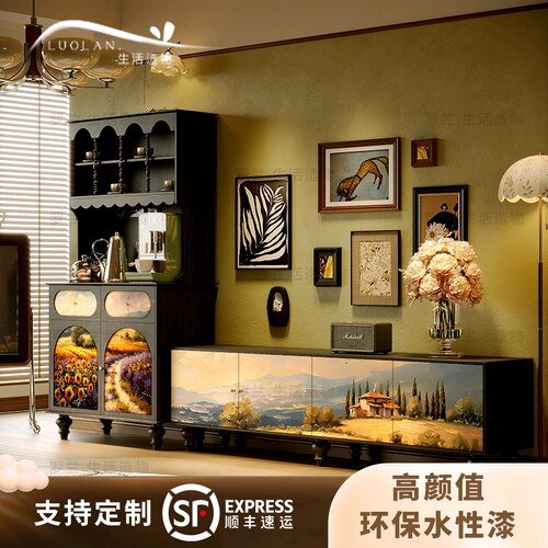 法式奶油风彩绘花海电视柜实木客厅装饰收纳置物柜卧室床尾储物柜