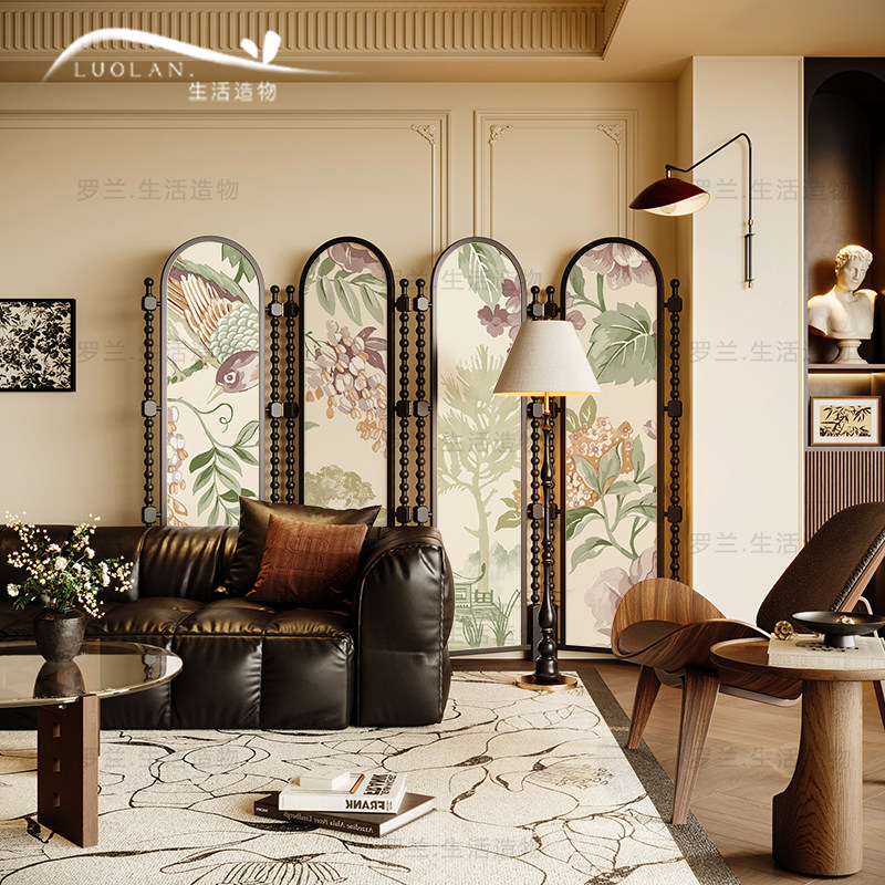 折叠移动实木屏风隔断美式复古法式中古风客厅玄关卧室家用折屏