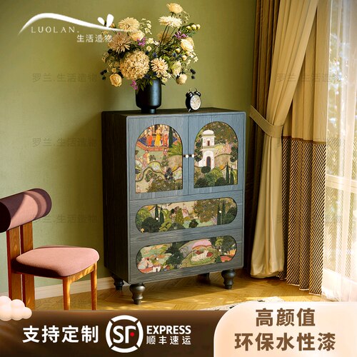 法式复古绿色实木斗柜卧室床尾装饰收纳柜玄关客厅圆弧储物餐边柜