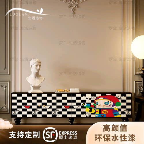 现代轻奢卡通实木电视柜客厅收纳储物装饰柜家用原创一体落地柜子