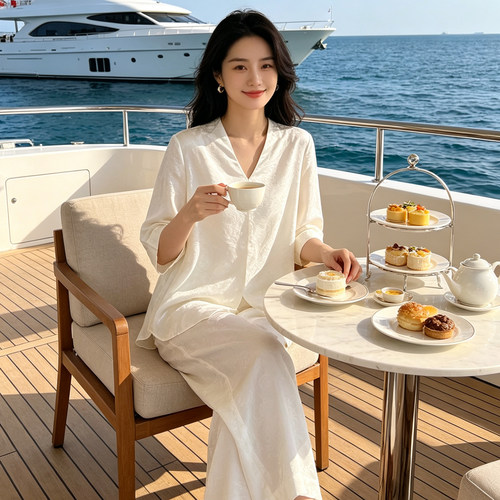 海伦罗兰女士100%桑蚕丝白色新中式提花女睡衣家居服套装82011202