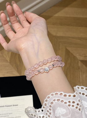 天然粉水晶手串女S925纯银轻奢桃花粉晶双层手链少女手饰