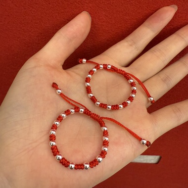 新生婴儿童宝宝初生儿红绳手链纯银七彩线八卦葫芦红绳本命年银珠