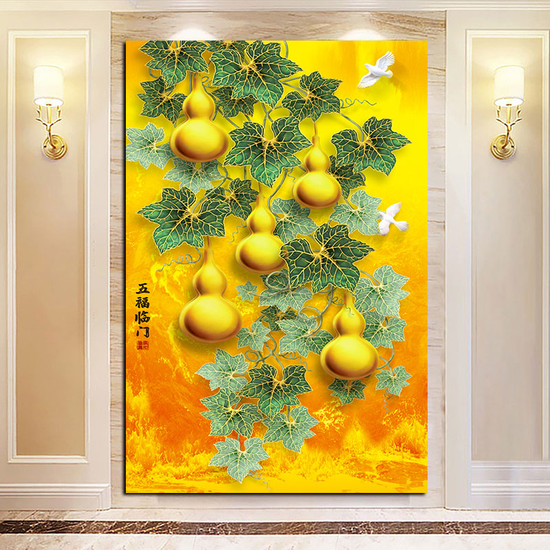 五福临门背靠金山红红火火葫芦画进门入户玄关风水画书房茶室壁画