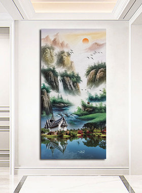 新中式江山如画客厅玄关山水画自粘装饰画客厅走廊过道壁画墙挂画