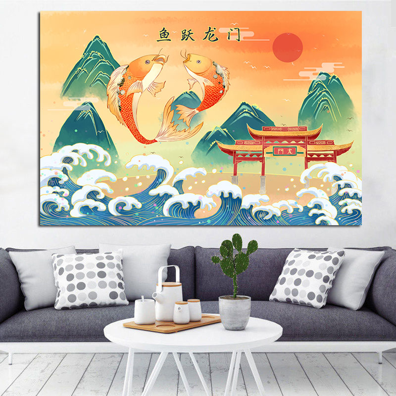 鲤鱼跃龙门贴纸画书房客厅玄关装饰画高考金榜题名墙贴锦鲤风水画图片
