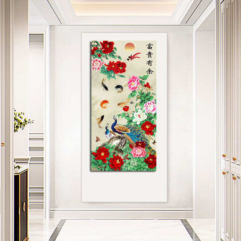 聚财牡丹孔雀中式入户玄关富贵花开装饰挂画走廊过道背景墙壁贴画