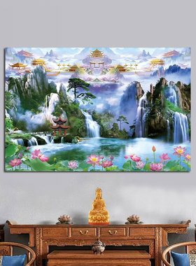 山水画堂口装饰贴画中堂供桌山水装饰挂画亭子有山水背景墙壁贴画