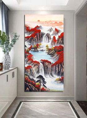 唯美山水聚宝盆招财进宝客厅挂画办公室高山流水竖版装饰墙壁贴画