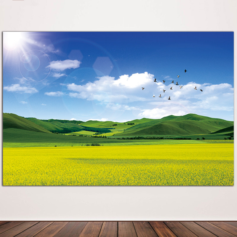 油菜花乡村田园风自粘山峰山脉油画布客厅青山绿树意境唯美海报画