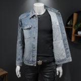 春新款浅蓝潮牌破缝拼接时尚牛仔夹克男翻领外套D218-1353-P145，男装夹克，电商D218