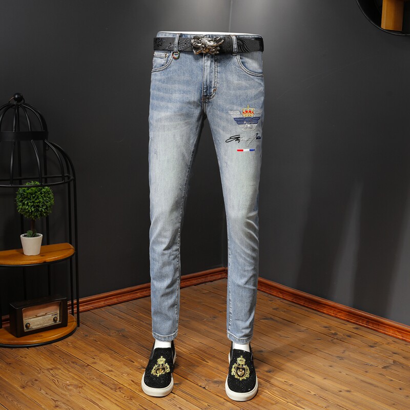 2021新款潮牌刺绣水洗弹力牛仔裤男微跨小脚裤QT5031-88169-P95,男装牛仔裤,电商D218