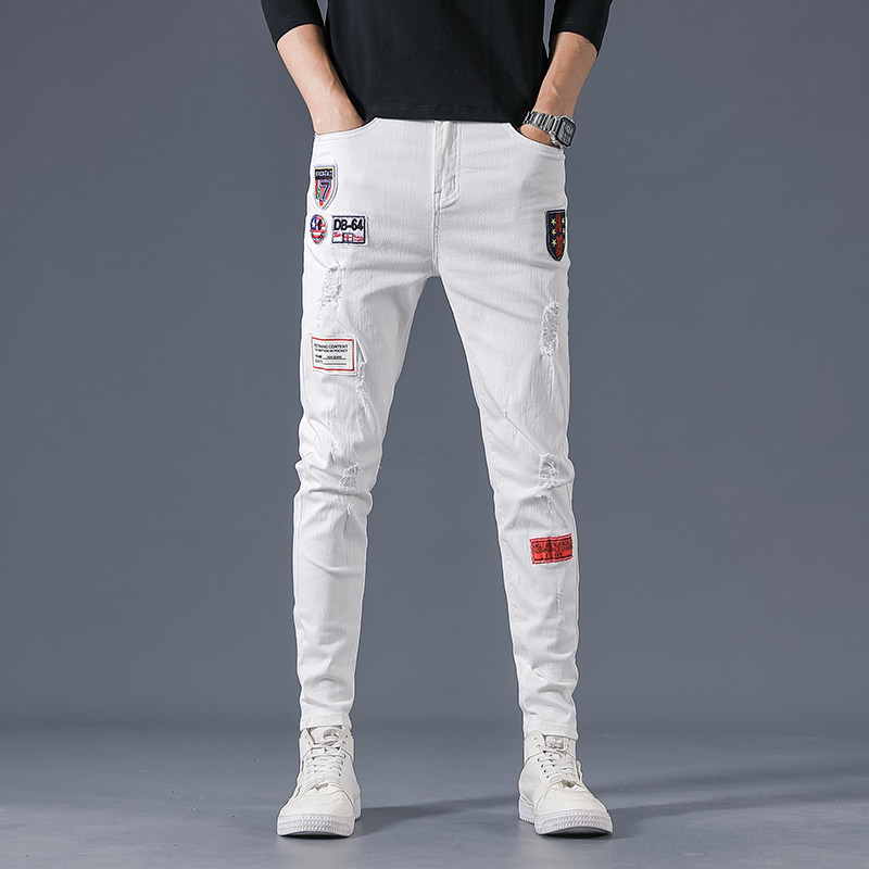 2021春夏款潮牌水洗贴标弹力牛仔裤男修身小脚裤QT5031-88163-P85，男装牛仔裤，电商D218