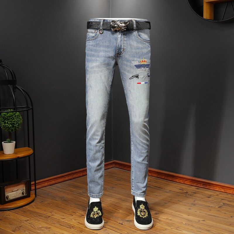 2021新款潮牌刺绣水洗弹力牛仔裤男微跨小脚裤QT5031-88169-P95图片