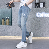 高端新款浅蓝色修身牛仔裤男小脚潮牌拔印百搭长裤D218-3715-P115，男装牛仔裤，电商D218
