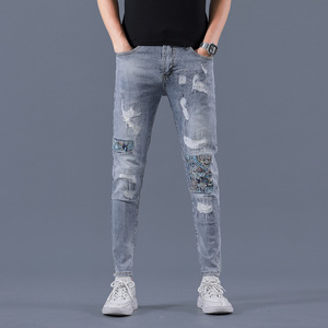 2021春夏款韩版潮流贴布弹力牛仔裤男微跨小脚裤QT5031-89055-P95图片