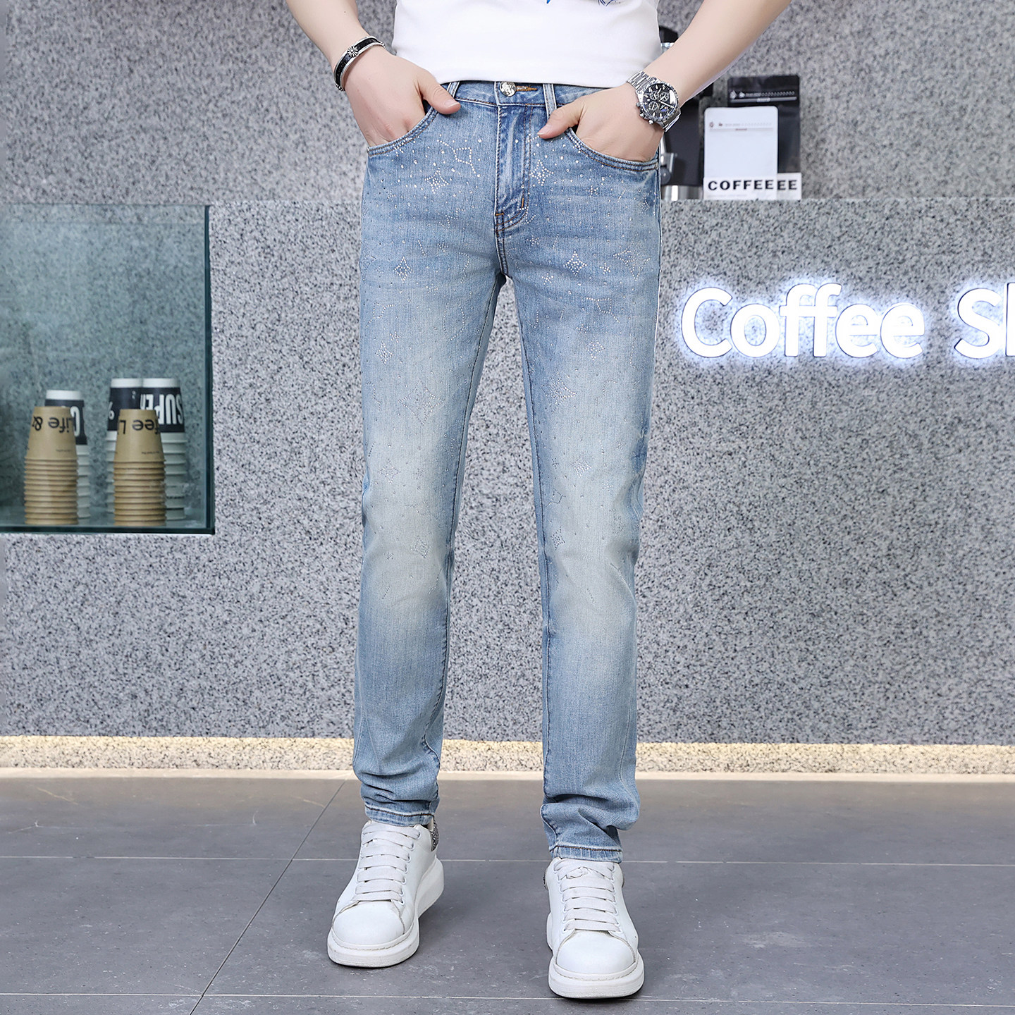 高端新款水洗潮牌修身烫钻牛仔裤男小脚百搭长裤D218-3712-P115，男装牛仔裤，电商D218
