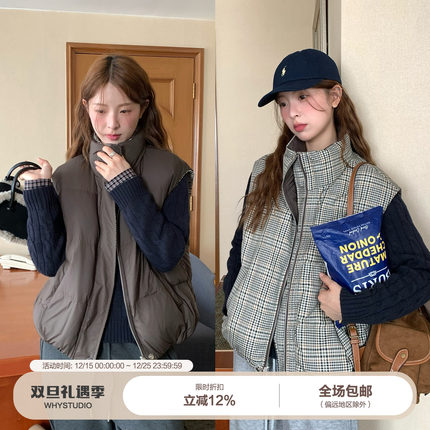 WHYSTUDIO 两面穿格纹羽绒马甲女冬季御寒保暖90白鸭绒短款羽绒服
