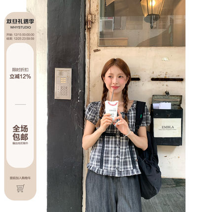 WHYSTUDIO 复古少女感黑白格纹蕾丝短袖夏女花边拼接显瘦短衬衫