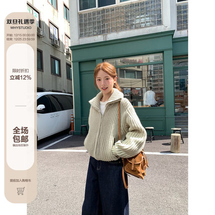 WHYSTUDIO_lemair*重磅粗针四色定染混纺立领翻领2ways毛衣外套