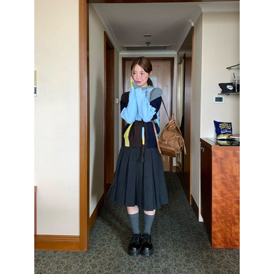 WHYSTUDIO 复古韩系撞色围脖毛衣女秋冬新款宽松拼接圆领针织衫