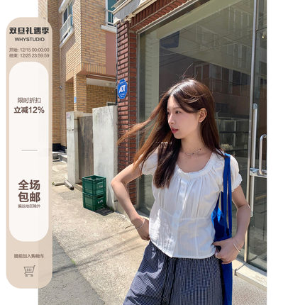 WHYSTUDIO Jennie同款甜酷蕾丝拼接圆领娃娃衫白色短袖衬衫上衣