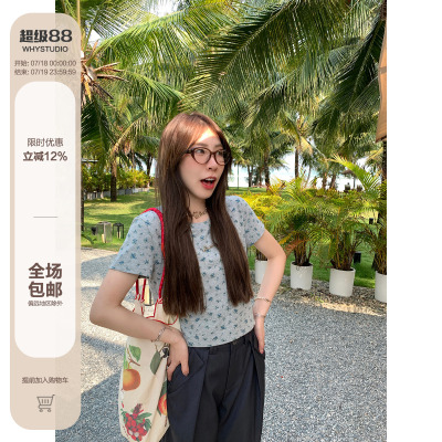 WHYSTUDIO灰色碎花正肩短款T恤