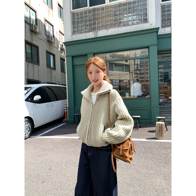 WHYSTUDIO_lemair*重磅粗针四色定染混纺立领翻领2ways毛衣外套