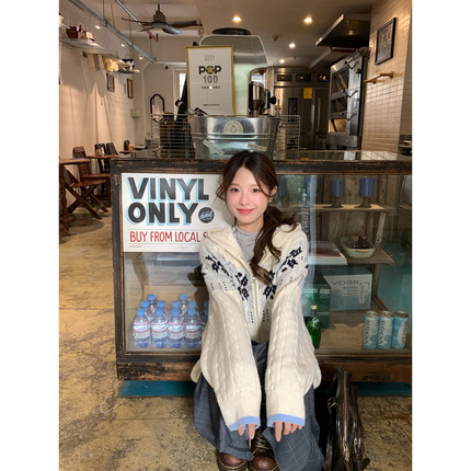 WHYSTUDIO 北欧复古费尔岛加厚毛衣女秋冬新款软糯开衫连帽外套