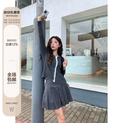 WHYSTUDIO_ 学院风高腰格纹撞色百褶裙女夏减龄百搭显瘦短裤裙