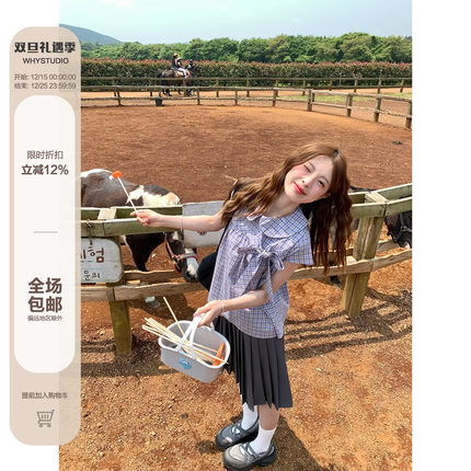 WHYSTUDIO 复古日系甜美娃娃领短袖女夏蝴蝶结绑带格纹短款衬衫