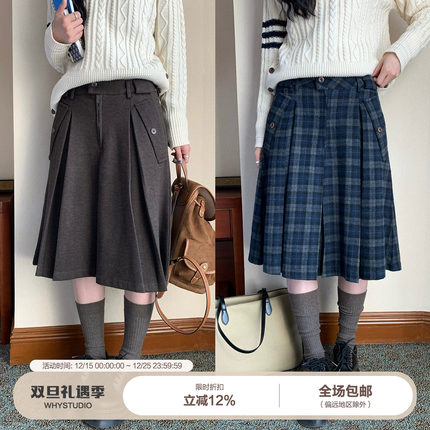 WHYSTUDIO 复古学院风羊毛混纺纽扣百褶裙女冬季高腰格纹半身裙