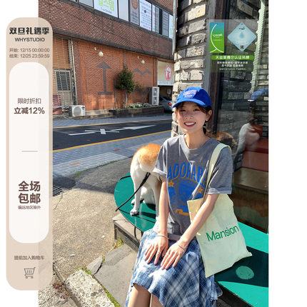 WHYSTUDIO 冰感降温天丝棉复古美式字母印花宽松时髦短袖灰色T恤