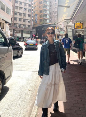 WHYSTUDIO_ 月光女神白色蕾丝拼接半身长裙女夏季百搭A字收腰裙