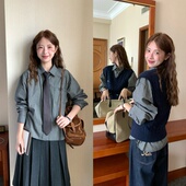 格子衬衫 miu系高智感韩系复古针织V领马甲短款 通勤套装 WHYSTUDIO