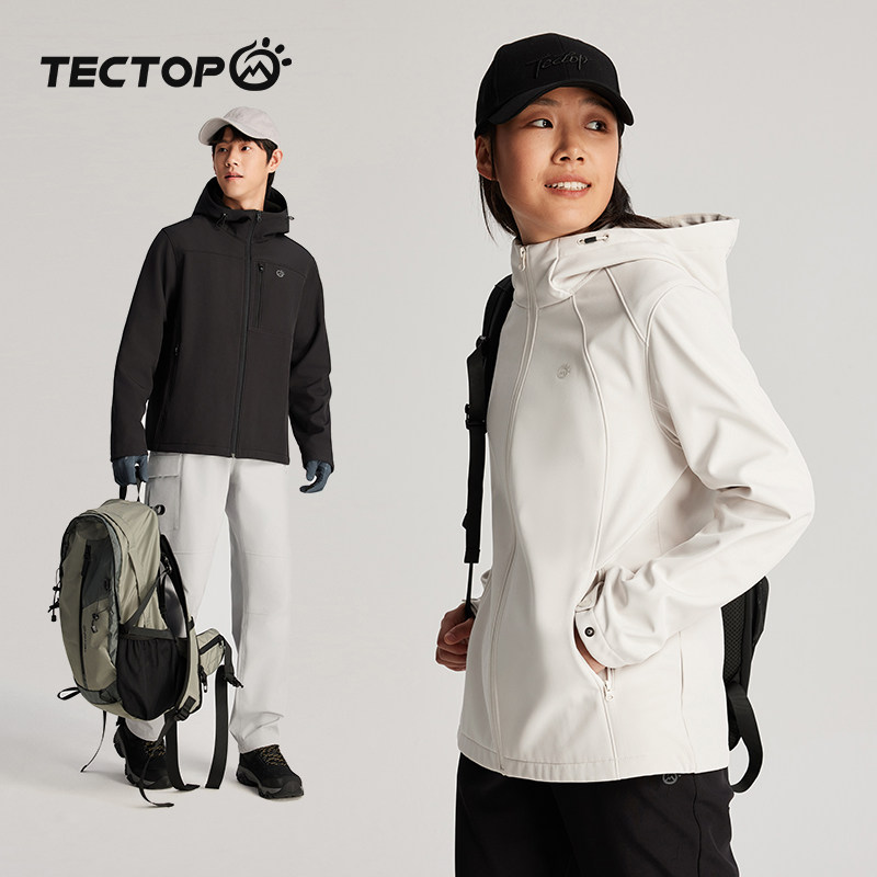 TECTOP探拓户外软壳衣连帽透气防泼水风衣男女加绒保暖夹克外套