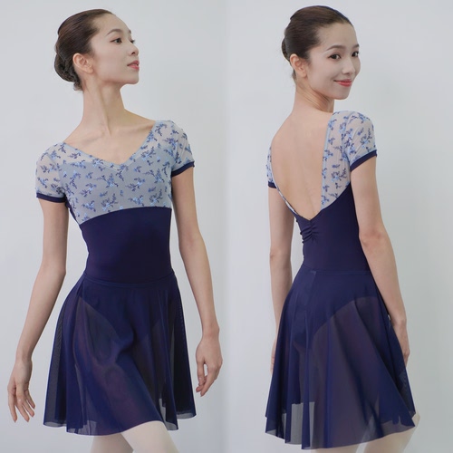 LOUIS XIV刺绣短袖体服芭蕾舞练功服女连体服舞蹈体操形体服