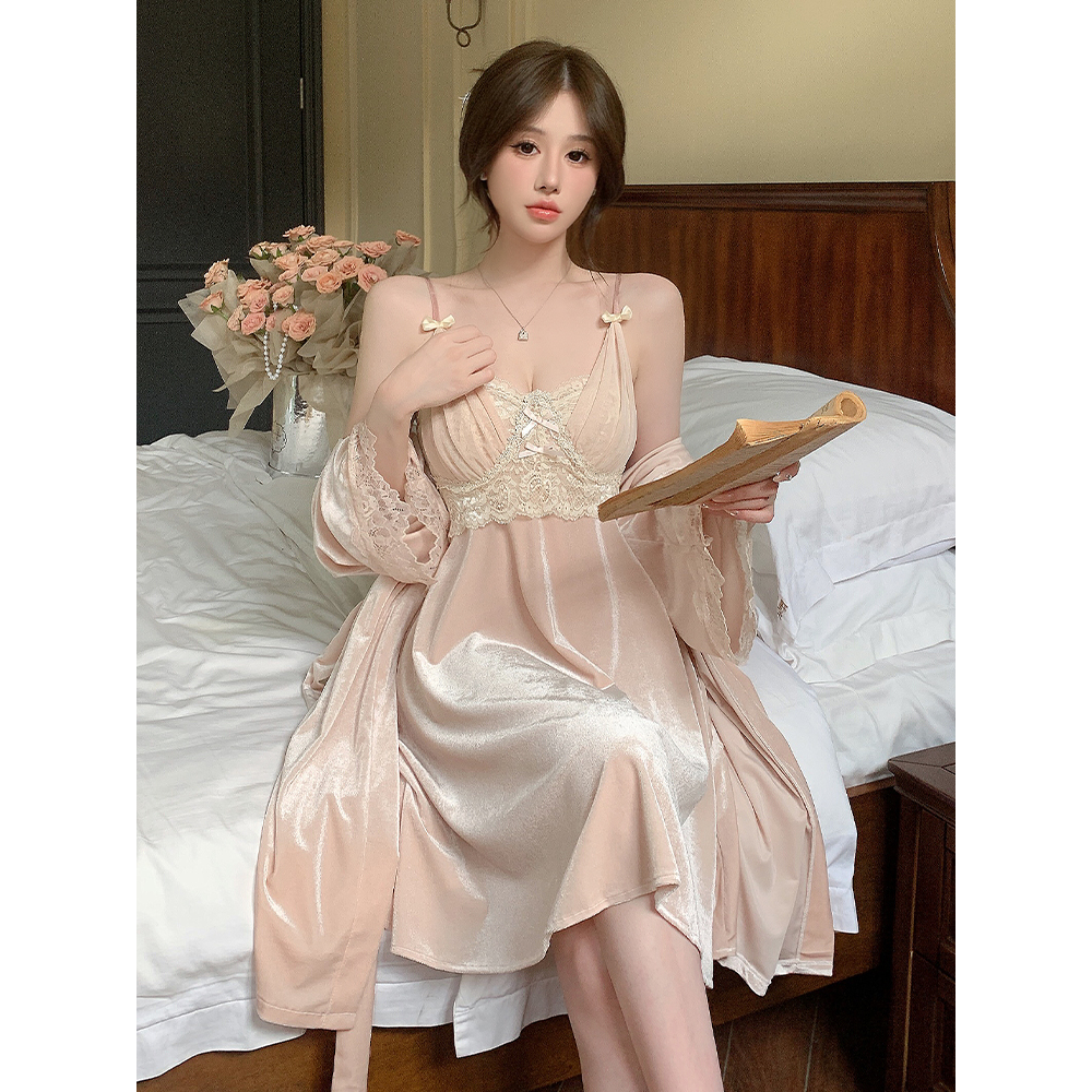 金丝绒吊带胸垫睡裙睡袍女性感纯欲法式宫廷轻熟情趣家居服两件套,女士内衣/男士内衣/家居服,保暖背心,淘宝优惠券,粉丝福利购,淘宝优惠卷