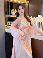 Ice silk pajama women's spring and summer sexy off-the-shoulder sleeping dress and bathrobe two-piece set, mid-length lace backless home wear thumbnail 7
