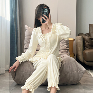 睡衣女秋冬海岛绒长袖开衫两件套珊瑚绒薄绒保暖宫廷风套装可外穿