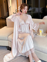 Ice silk pajama women's spring and summer sexy off-the-shoulder sleeping dress and bathrobe two-piece set, mid-length lace backless home wear thumbnail 8